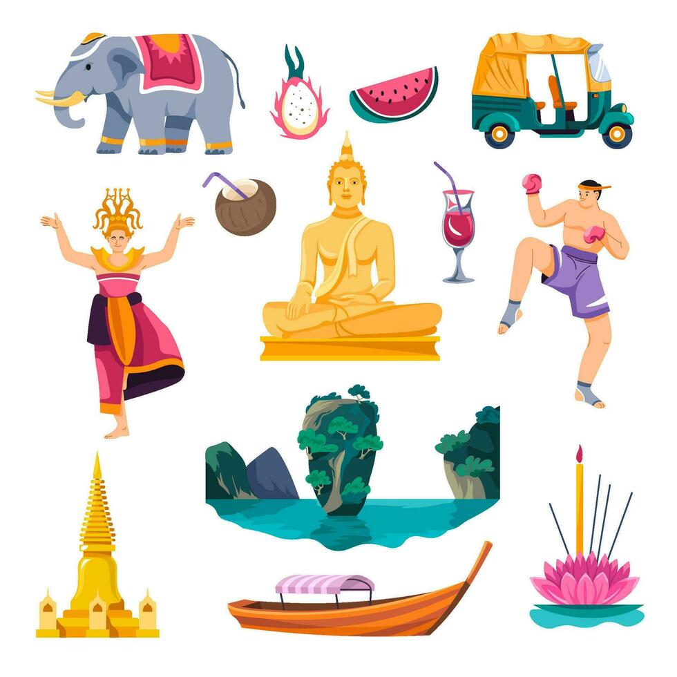 Thailand cultuur en toerisme, oriëntatiepunten en fruit vector