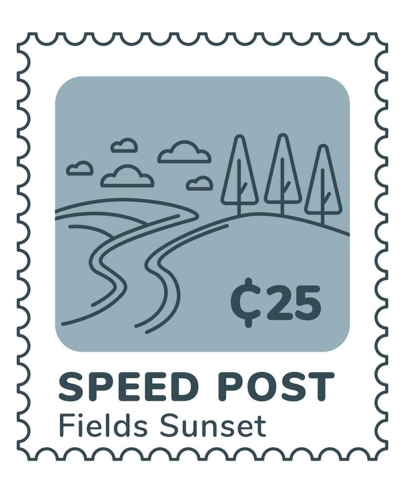 snelheid post poststempel of kaart, velden zonsondergang vector