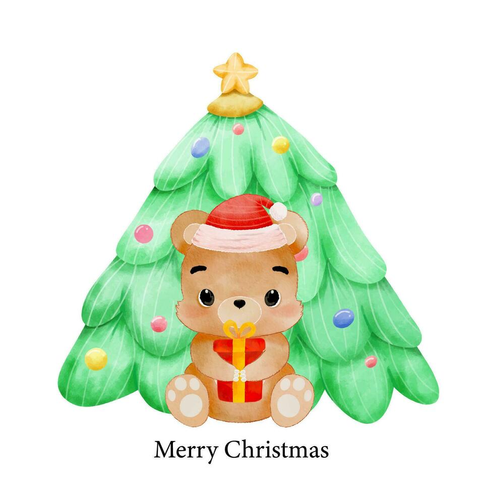 vrolijk Kerstmis met waterverf schattig teddy beer Holding geschenk doos en Kerstmis boom vector