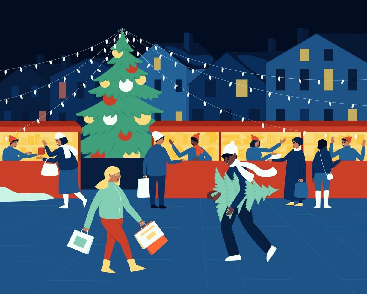 avond winter kerstmarkt vector