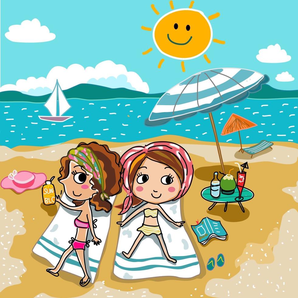 zomer kinderen meisjes op het strand handgetekende cartoon vector