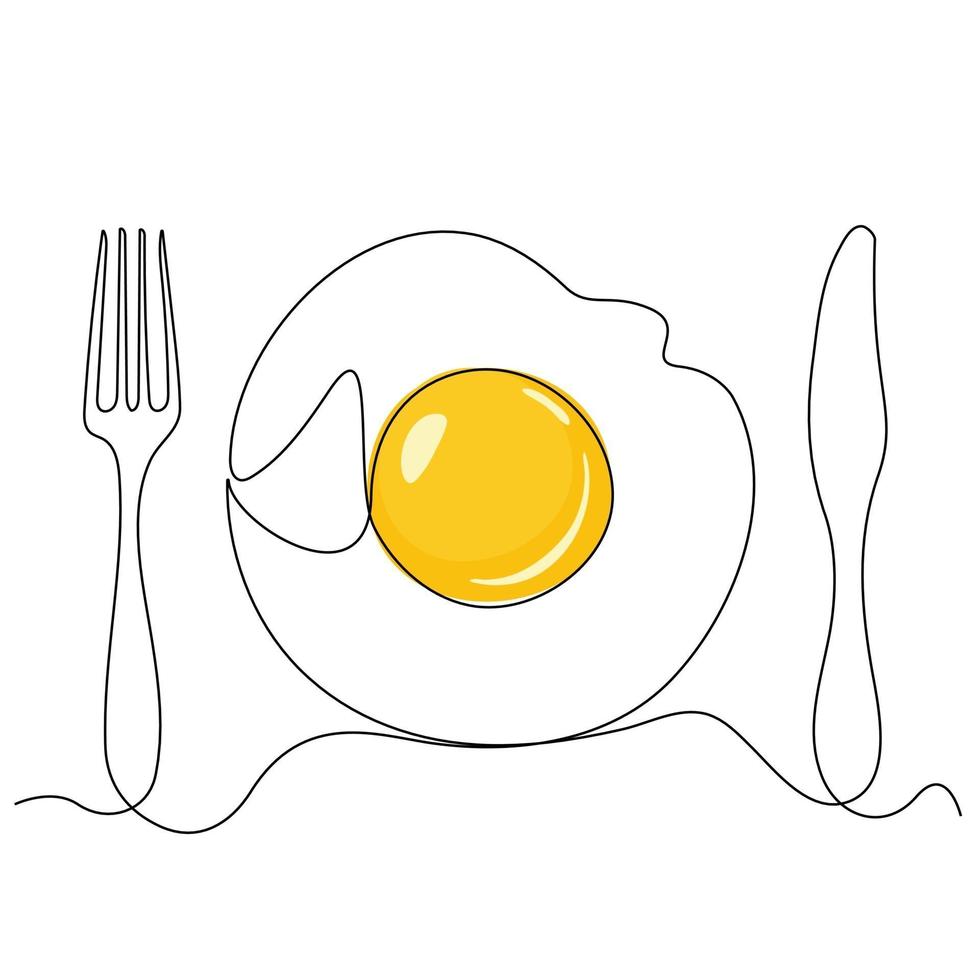 ononderbroken lijn. gebakken eieren. ontbijt, eidooiers en eiwitten. vector