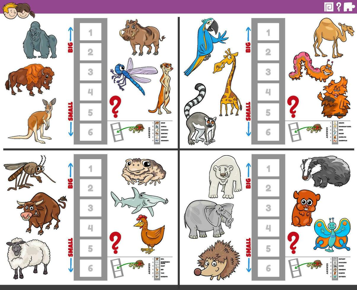 leerzaam spellen reeks met groot en klein tekenfilm dieren vector