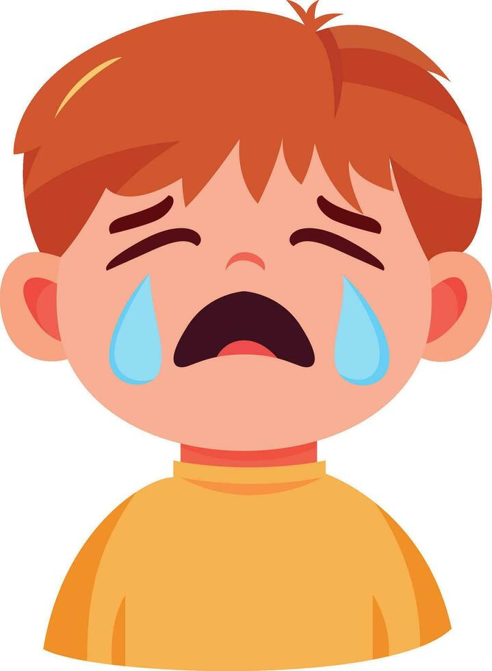 kind huilen met tranen rollend naar beneden zijn wangen, vlak stijl vector illustratie, verdrietig jongen huilen en scheuren voorraad vector beeld