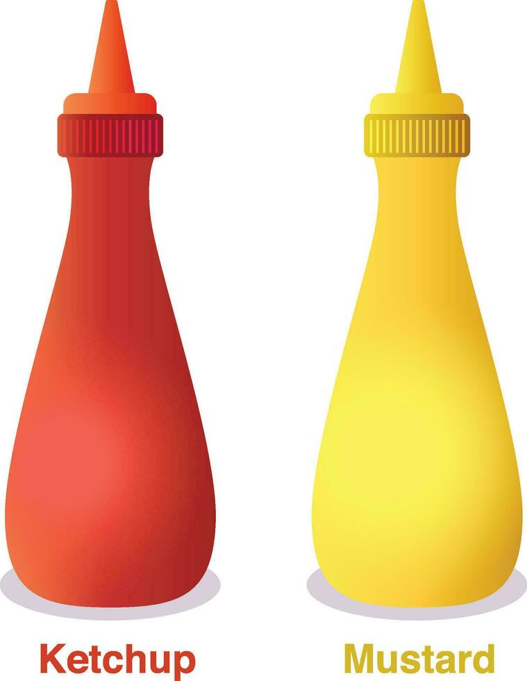 ketchup en mosterd flessen vector illustratie, geel en rood, inhalen, ketchup en saus of kaas flessen voorraad vector beeld