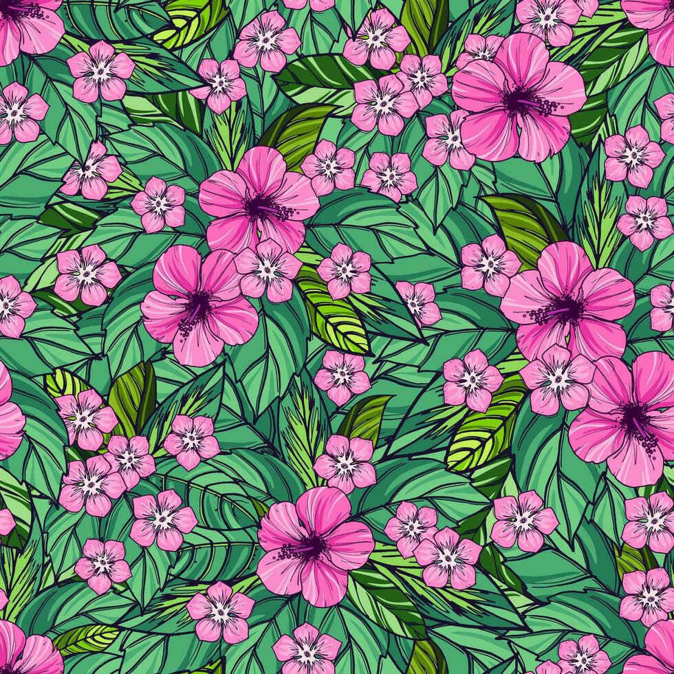 naadloos patroon met roze hibiscus bloemen en groen bladeren vector