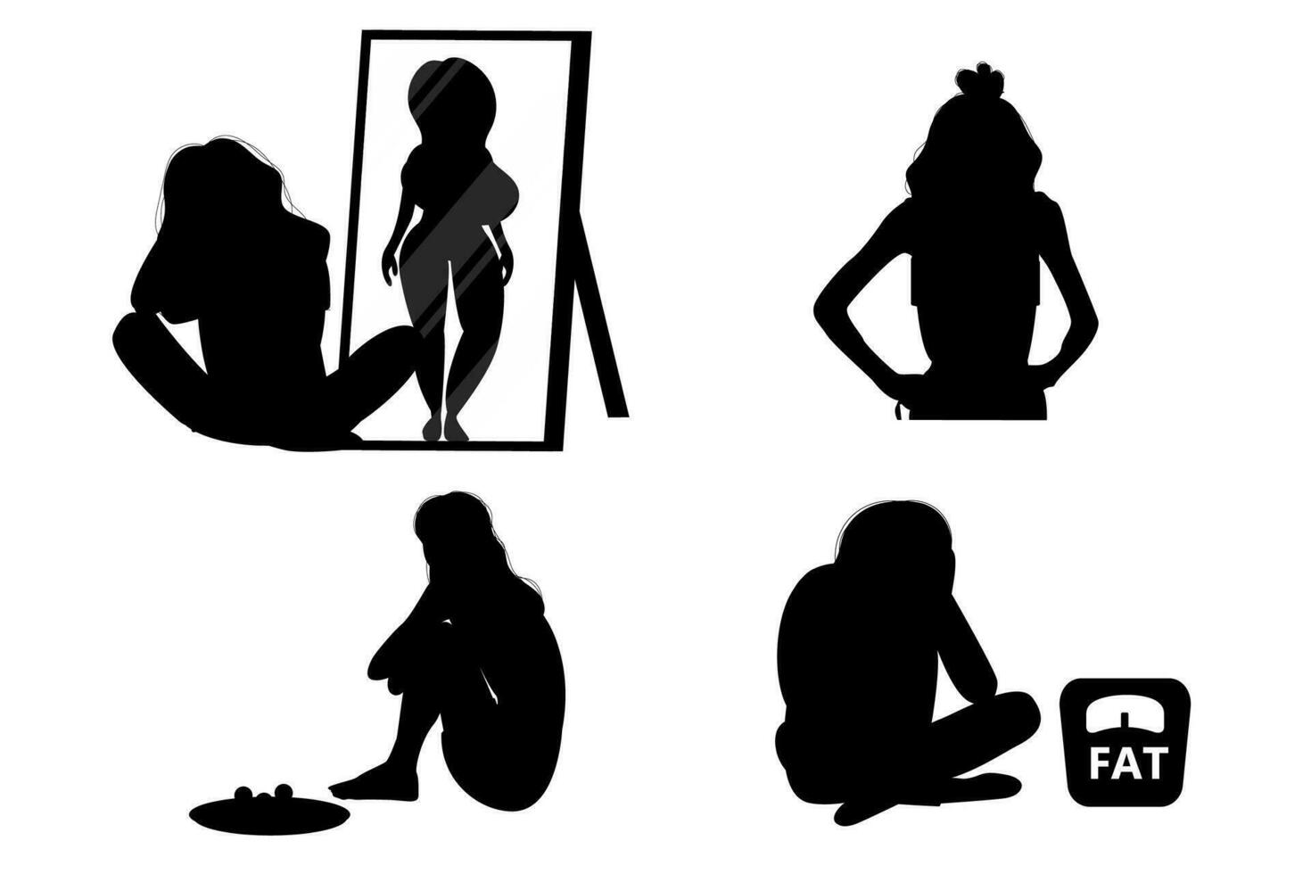 anorexia silhouet aan het eten wanorde. illustratie van vrouw vector