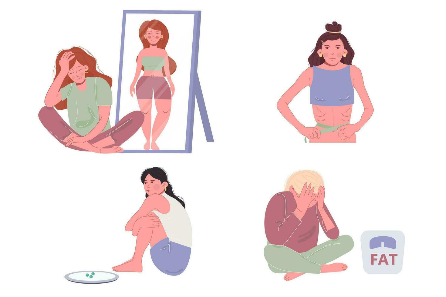 anorexia aan het eten wanorde. illustratie van vrouw vector