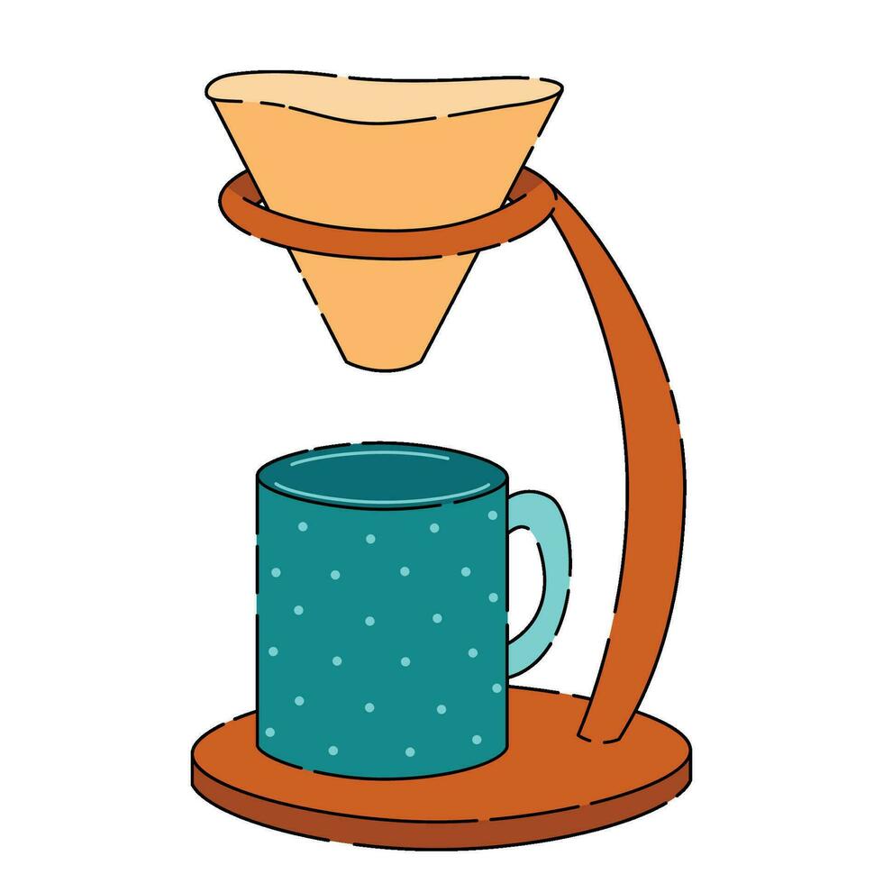 houten druppelen koffie maker met filter en mok vector illustratie geïsoleerd Aan wit achtergrond.