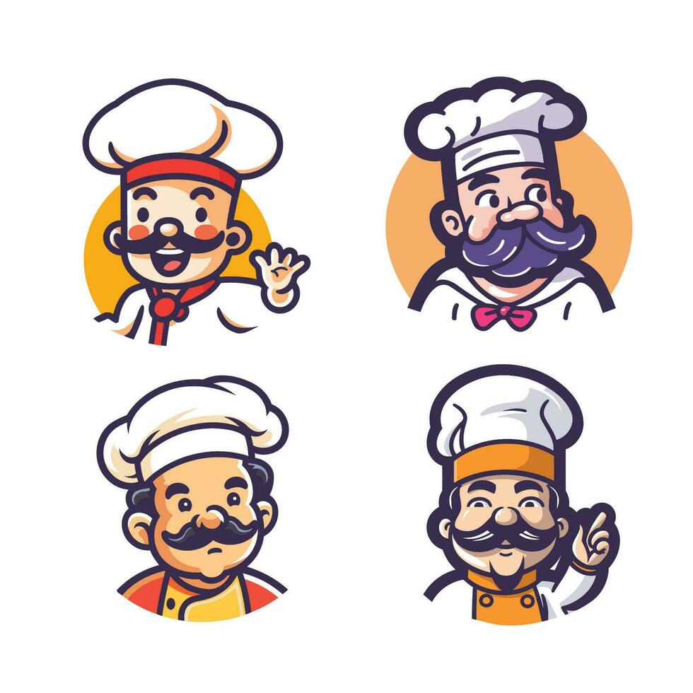 chef en koken pictogrammen reeks in tekenfilm stijl. vector illustratie.