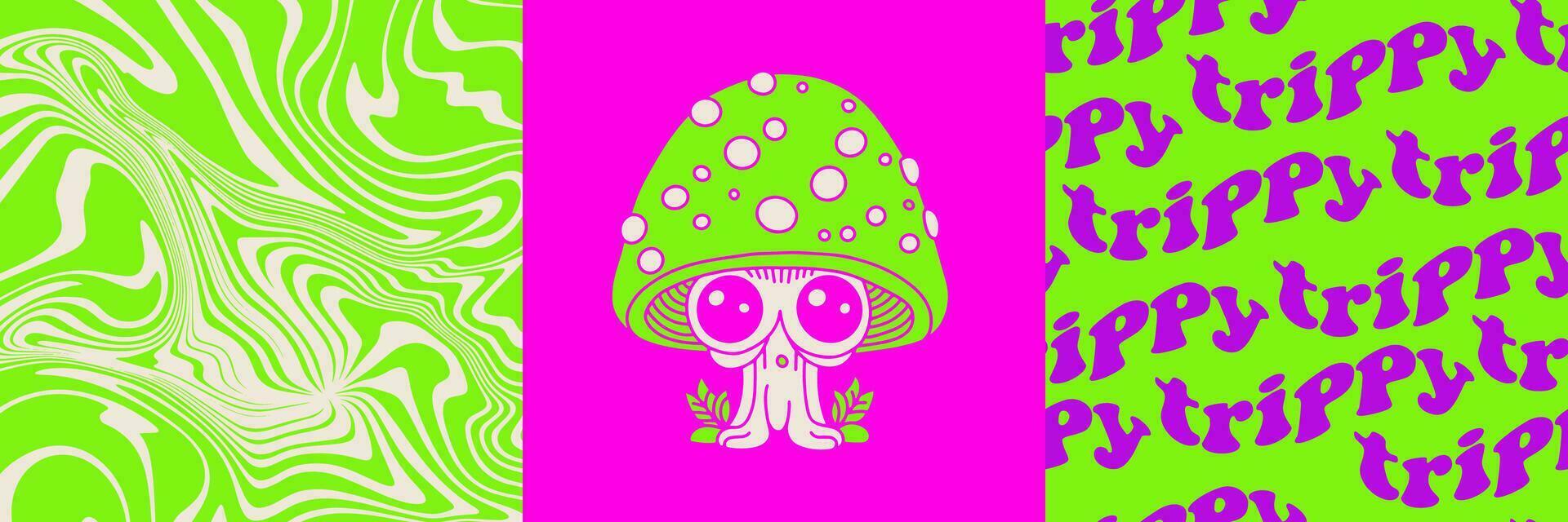 trippy psychedelisch kunst jaren 70 surrealistische ontwerp covers set. raar helder trippy naadloos patroon, ongebruikelijk paddestoel tekens affiches. zuur neon elementen, behaaglijk champignons vector kaarten verzameling.