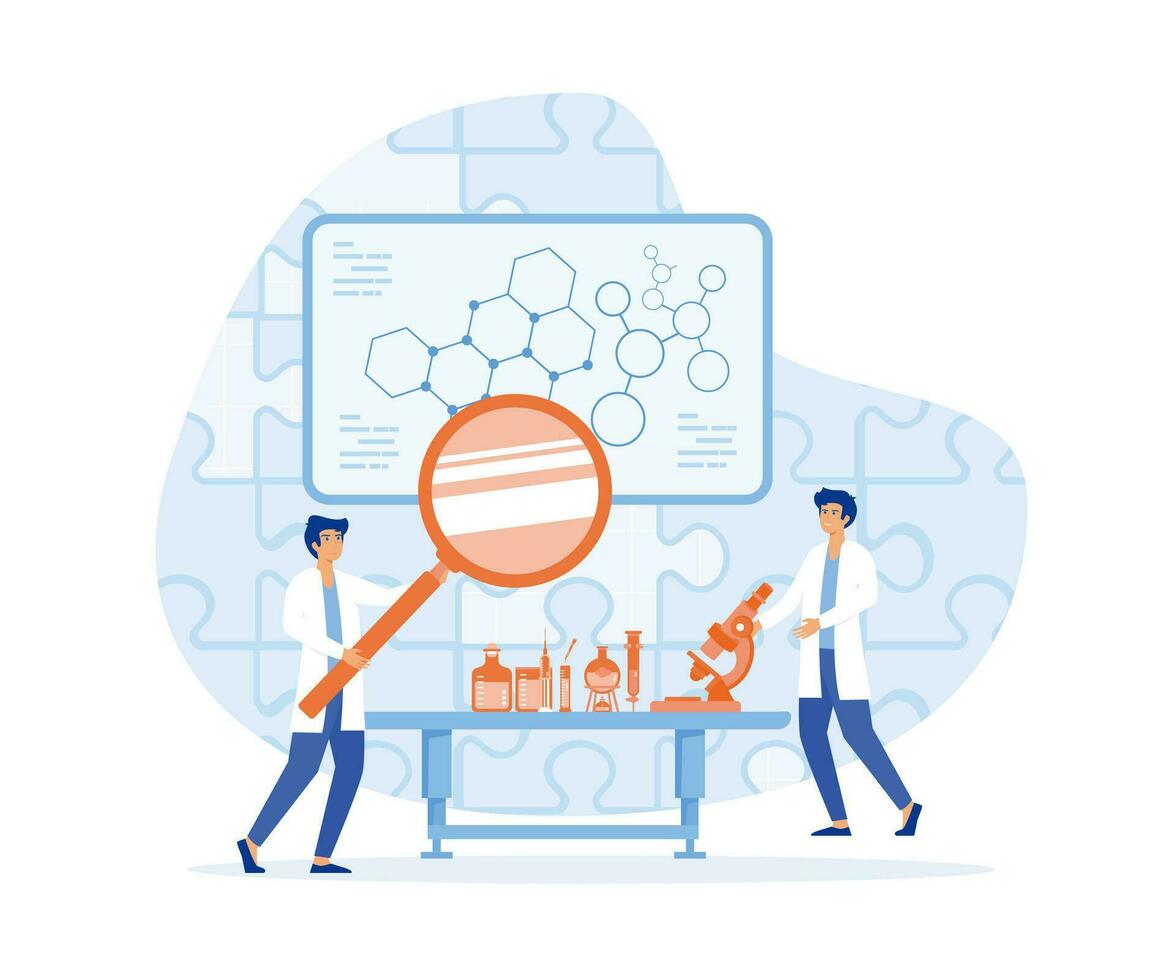 wetenschappers in laboratorium. mensen in wit jas, chemisch onderzoekers met laboratorium apparatuur. drug ontwikkeling. vlak vector modern illustratie