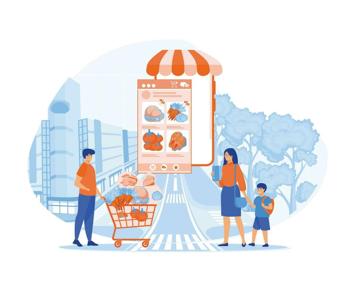gelukkig familie aan het doen kruidenier boodschappen doen online met een mobiel app Aan hun smartphone. vlak vector modern illustratie