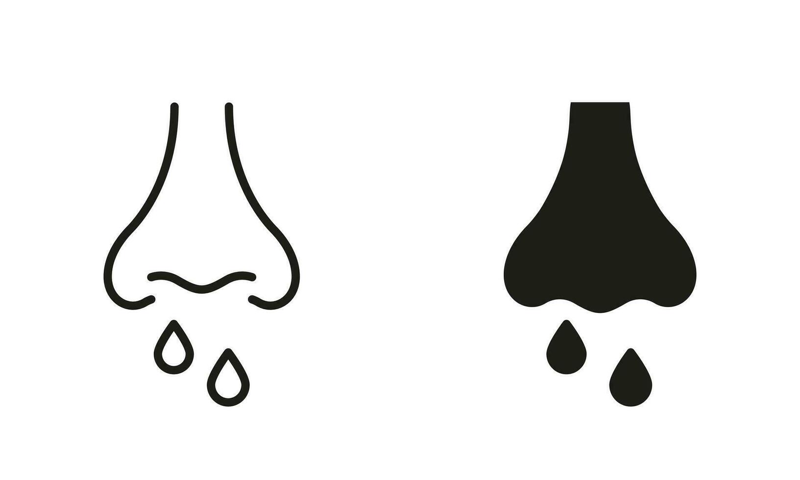 vloeibaar neus- lijn en silhouet zwart icoon set. coronavirus symptoom, bloedneus, nasaal slijm symbool verzameling. sinusitis symptoom, snot, allergie verkoudheid pictogram. geïsoleerd vector illustratie.