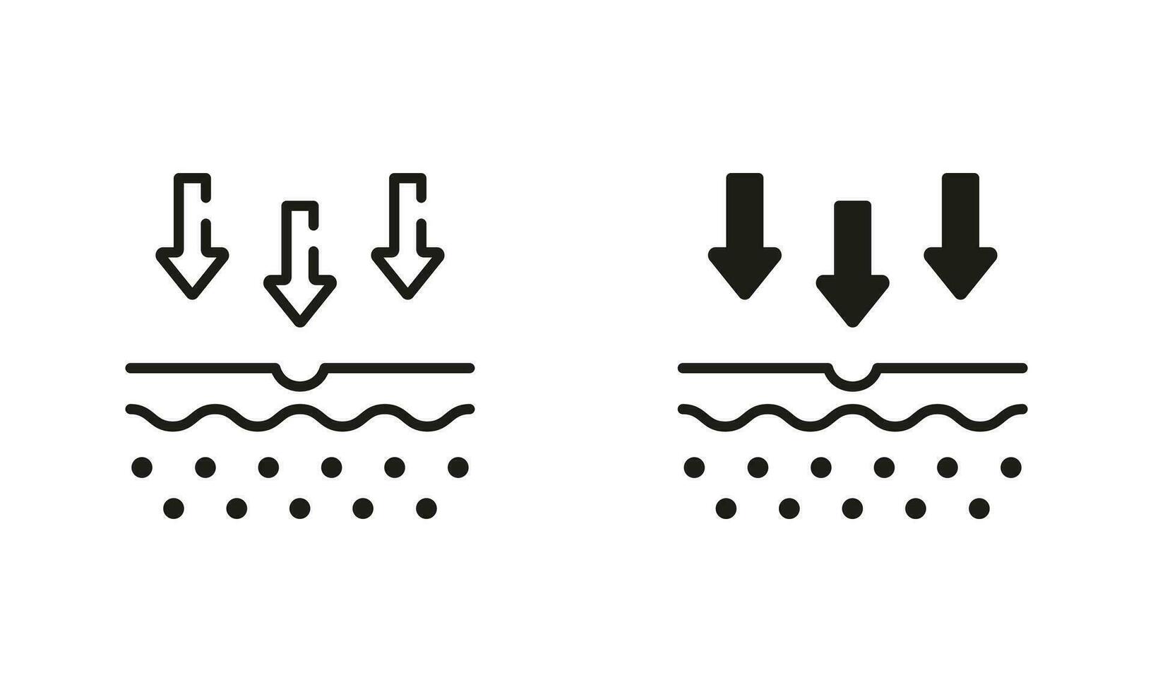 huid absorptie lijn en silhouet zwart icoon set. pijl naar beneden naar huid laag pictogram. huid voeding concept. penetratie van uv straal naar huid symbool verzameling. geïsoleerd vector illustratie.