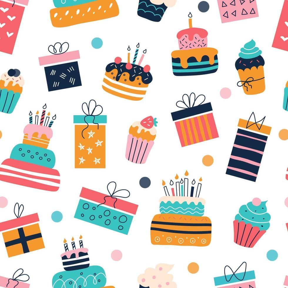 naadloos patroon met geschenken, taarten en cupcakes, vectorontwerp vector