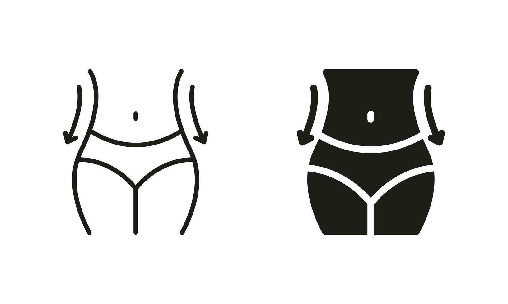 vrouw verlies gewicht pictogram. vorm taille controle. afslanken taille lijn en silhouet zwart icoon set. reeks van vrouw lichaam afslanken symbool verzameling. geïsoleerd vector illustratie.