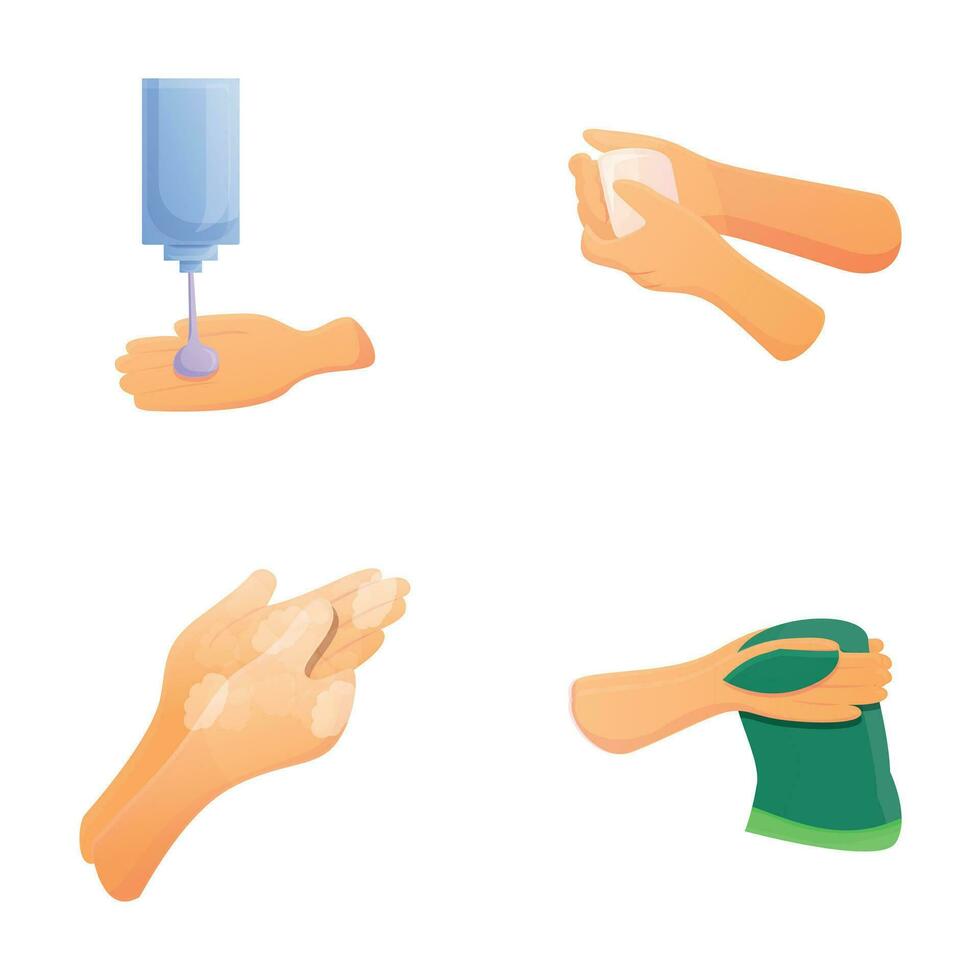 hand- het wassen pictogrammen reeks tekenfilm vector. menselijk hand- gedurende het wassen vector
