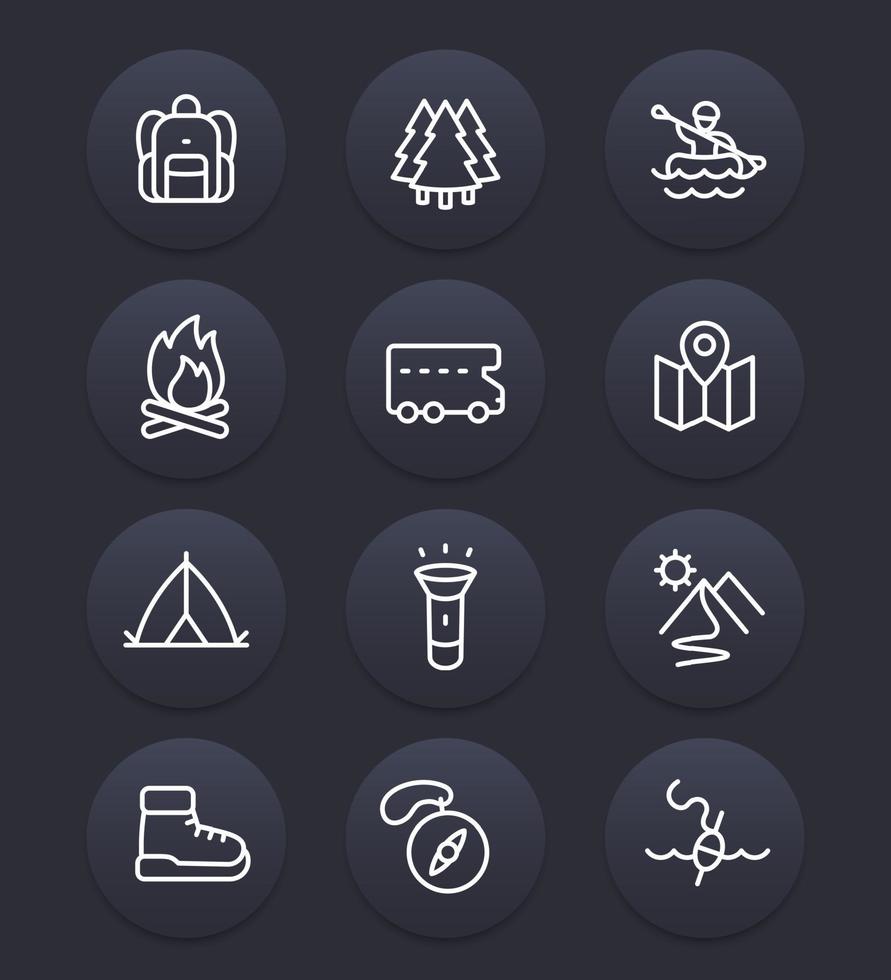 camping, outdoor avontuur lijn iconen set vector