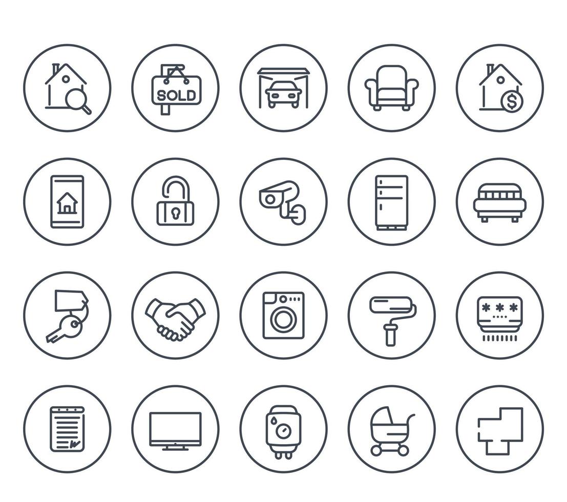 onroerend goed lijn pictogrammen op wit, huis, appartementen te huur vector