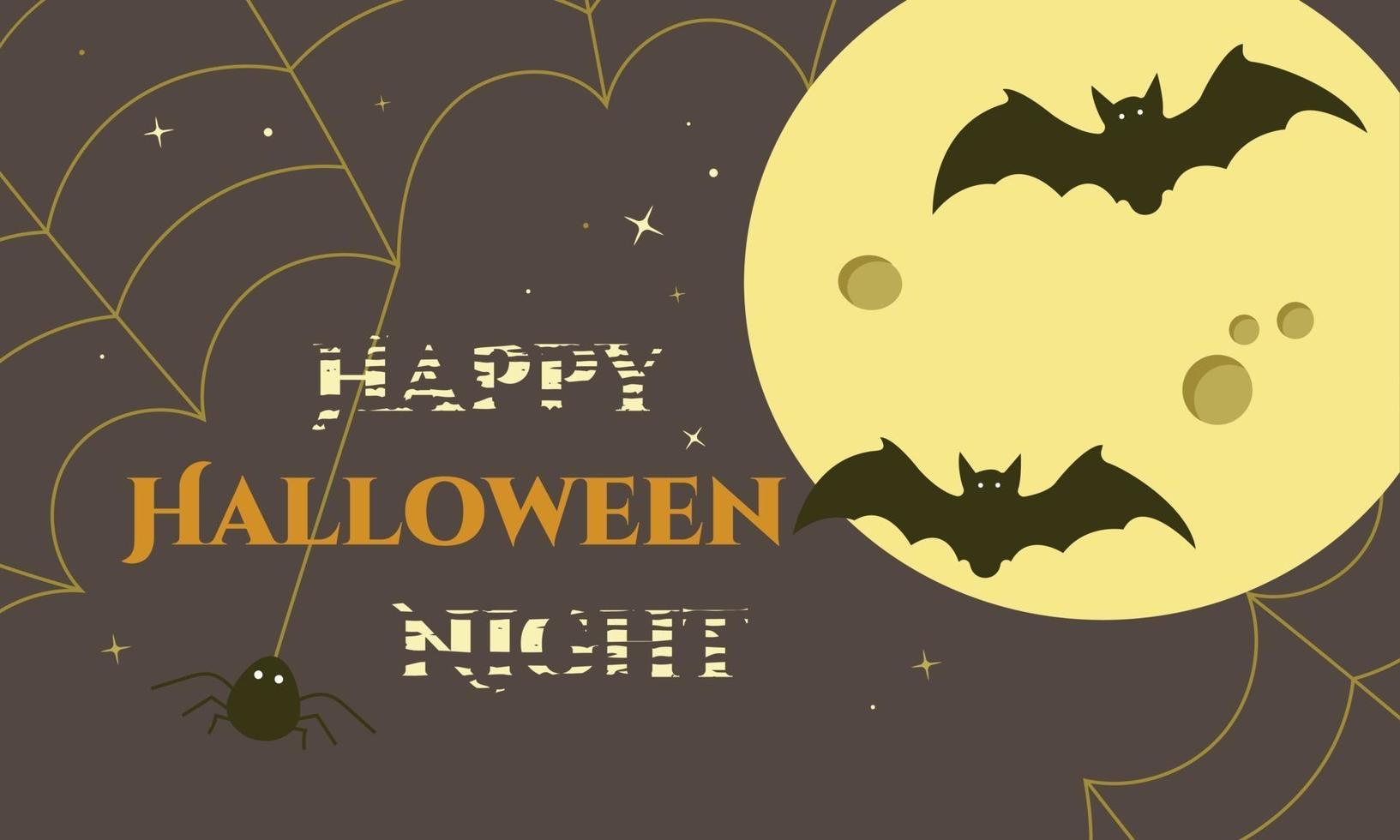 happy halloween nachtposter met maan, vleermuizen en spinnenweb vector