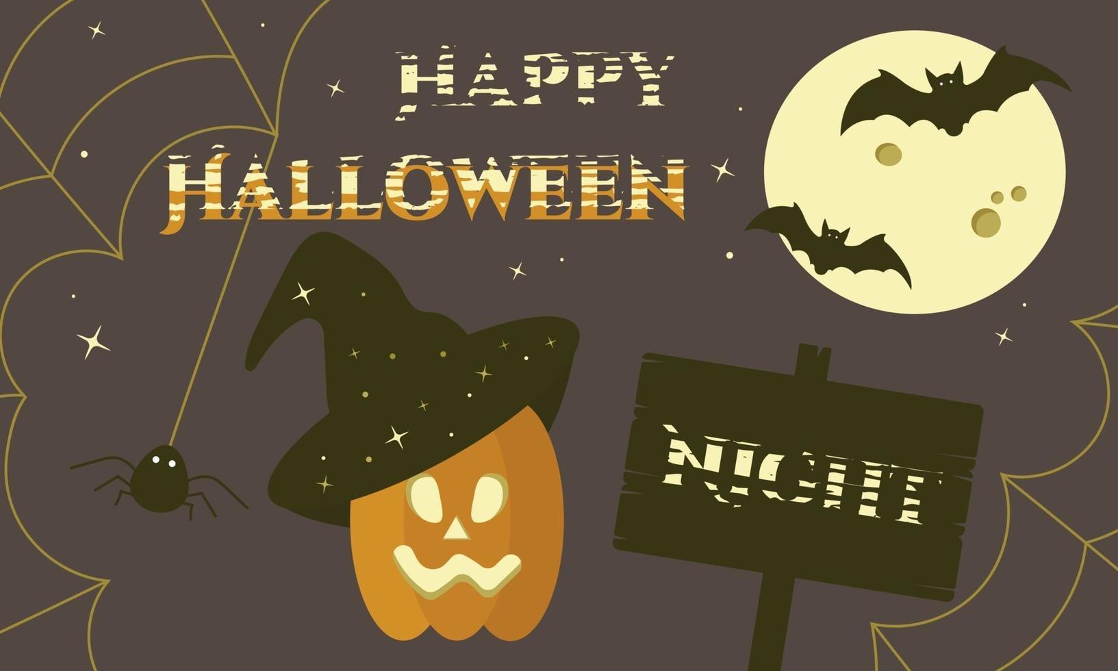 happy halloween-nachtbanner met maan, vleermuizen, spinnenweb en pompoen vector