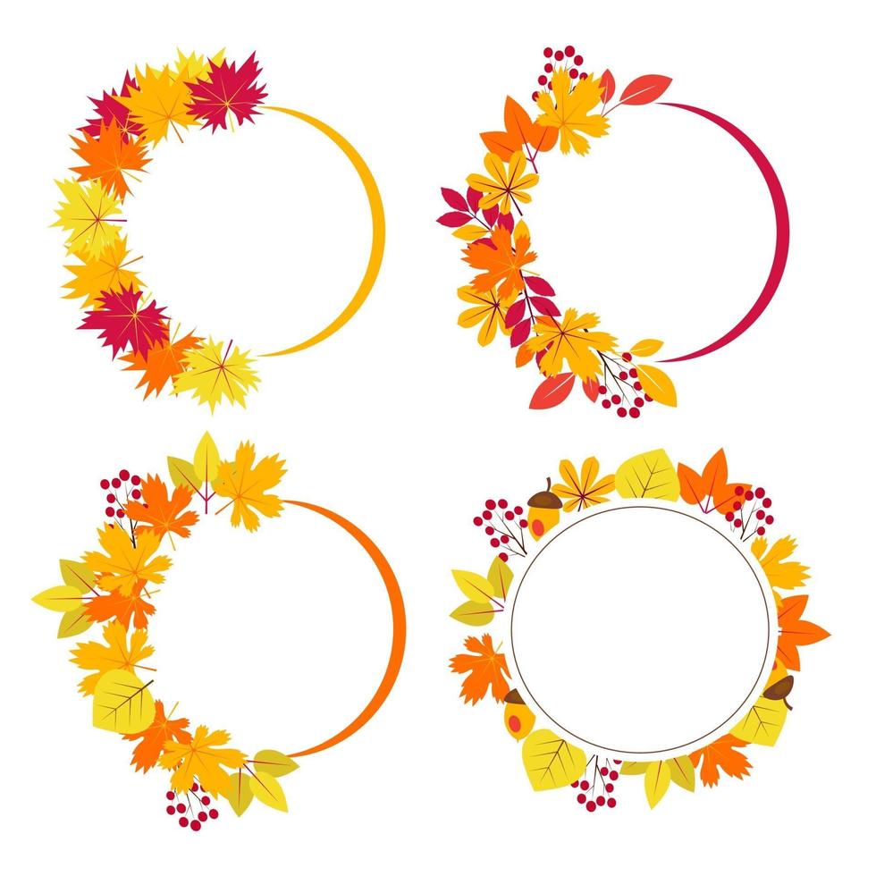 een set cirkelframe met herfstbladeren, tak en bessen vector