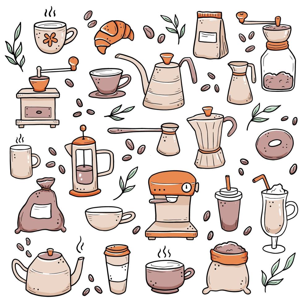 handgetekende set koffie-elementen doodle vector