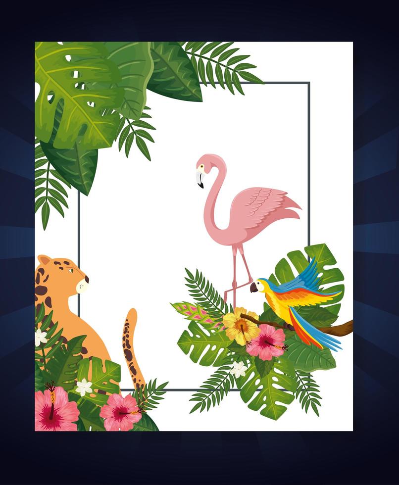 luipaard met flamingo en papegaai dieren exotisch vector