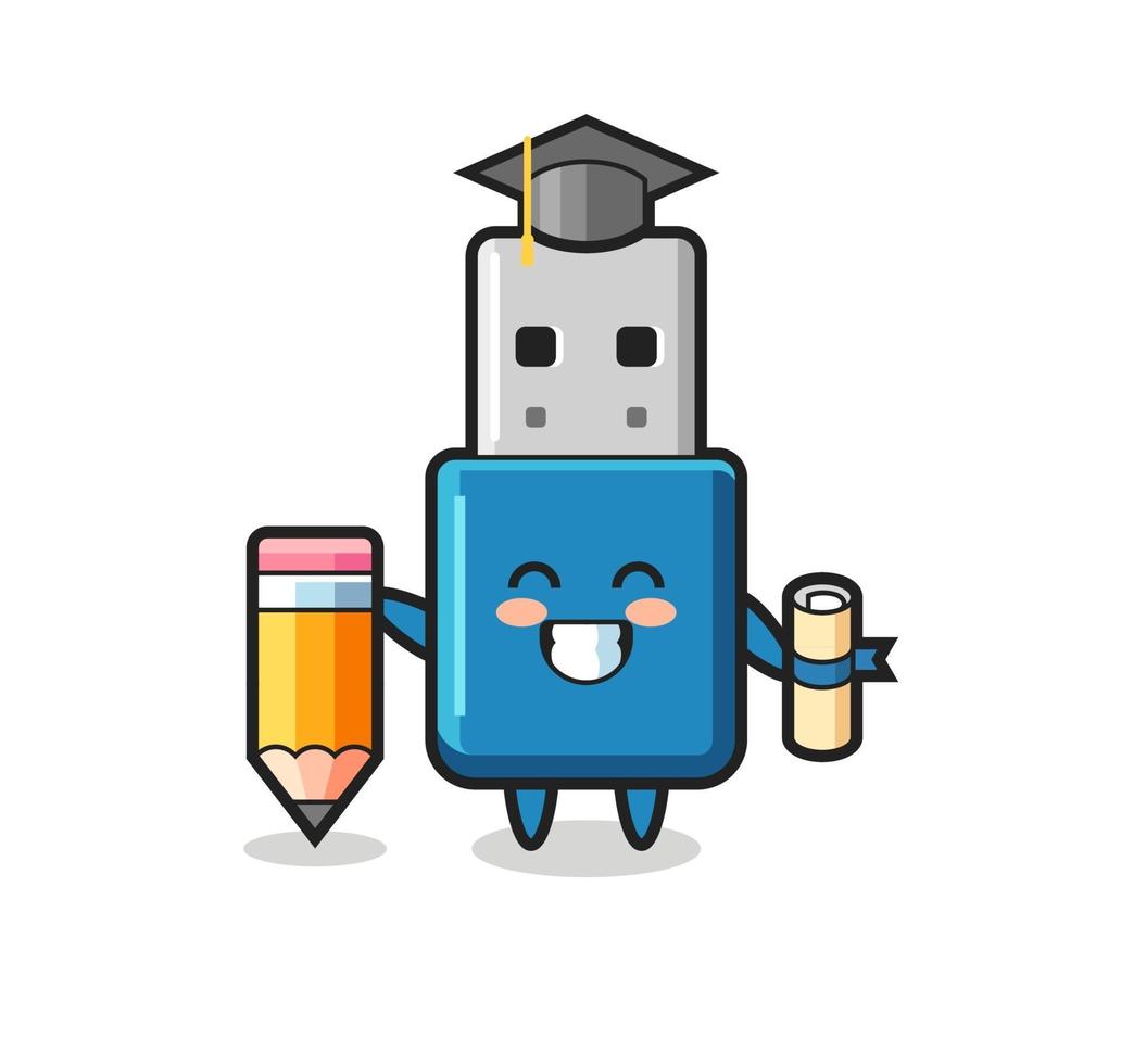 flash drive usb illustratie cartoon is afstuderen met een gigantisch potlood vector