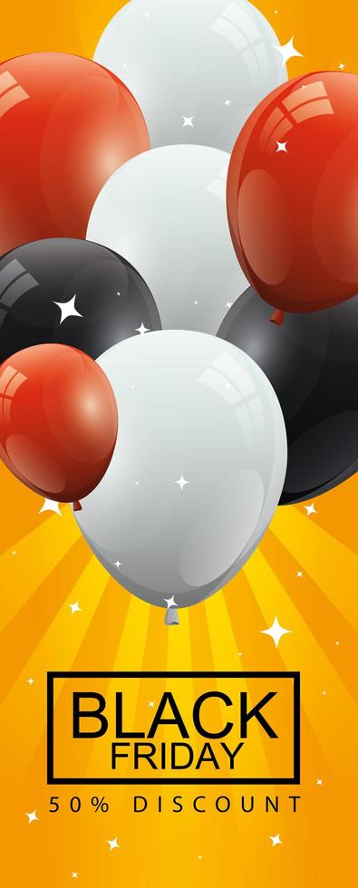 zwarte vrijdag poster en vijftig korting met ballonnen helium decoratie vector