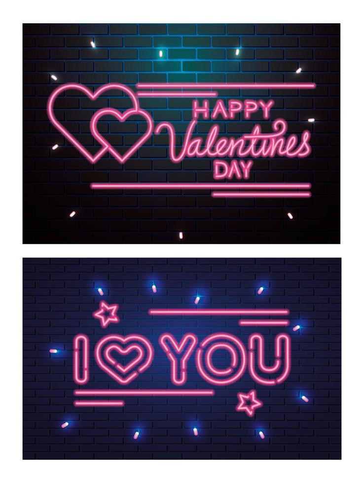 set belettering van neonlicht voor Valentijnsdag vector