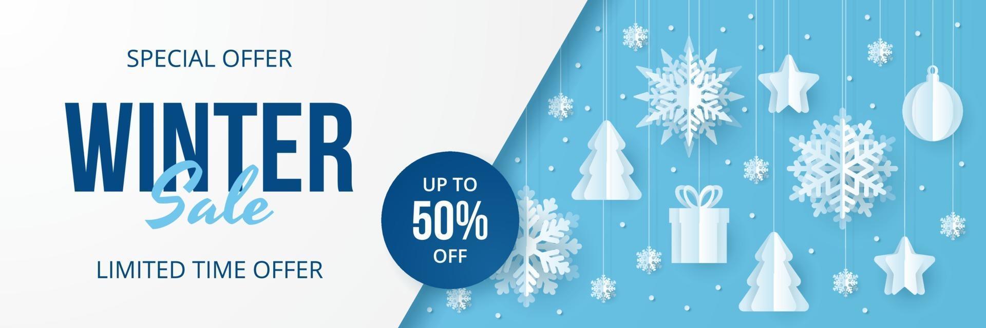 winter verkoop banner. papier gesneden sneeuwval. vector illustratie