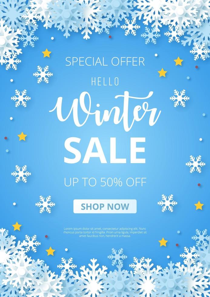 winter verkoop poster. papier gesneden sneeuwval. vector illustratie