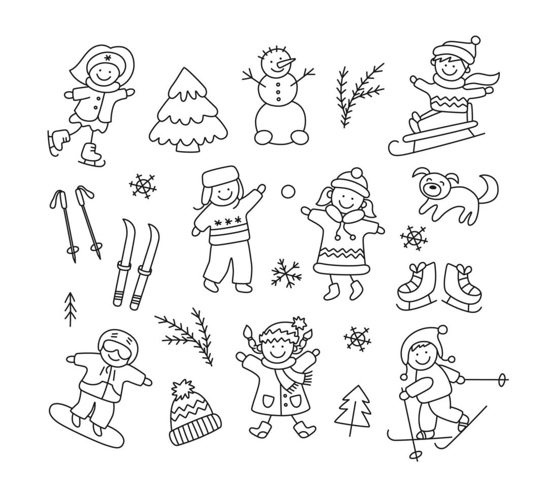kinderen spelen in de sneeuw, sleeën, skiën, schaatsen, snowboarden vector