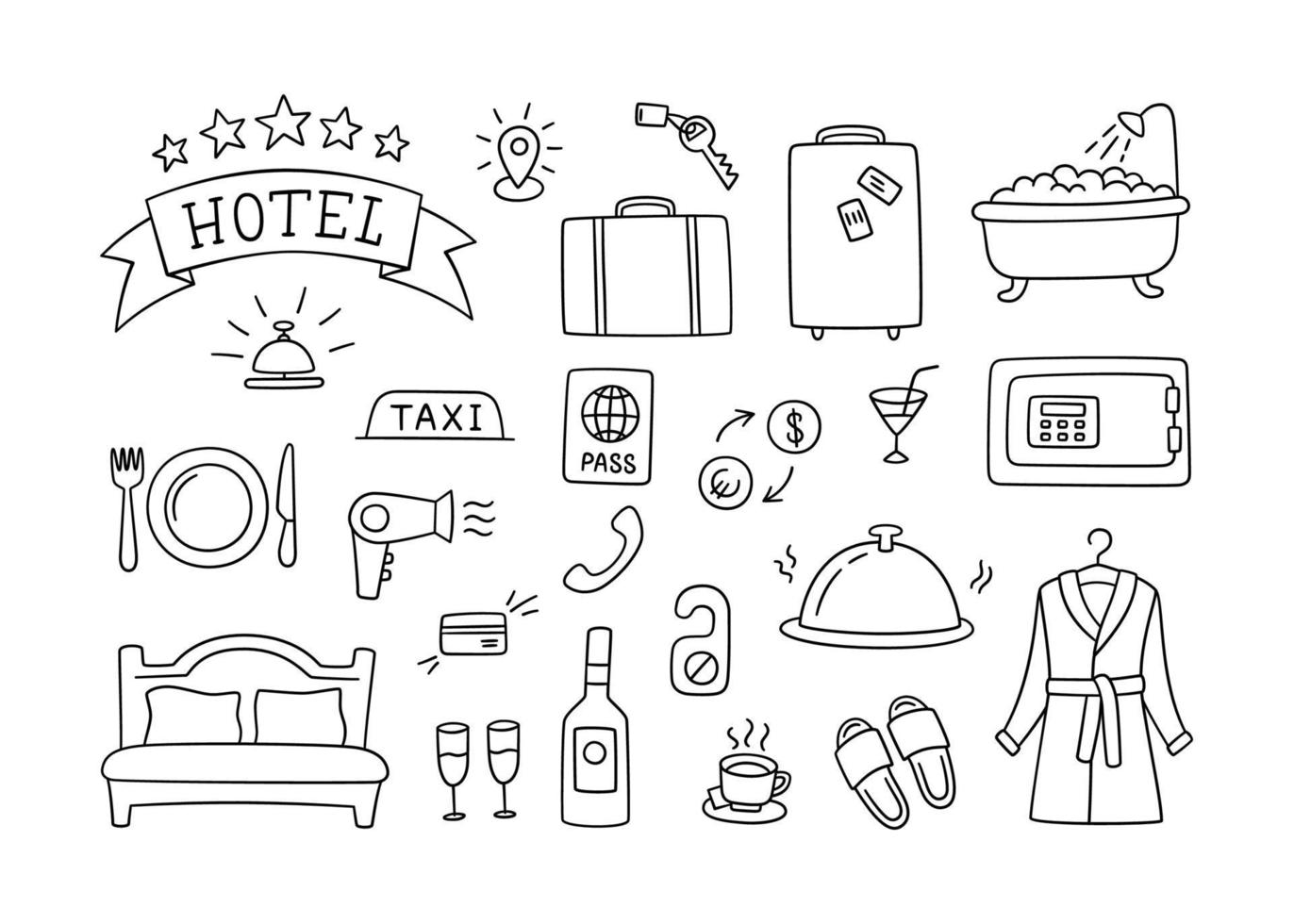 hoteldiensten handgetekende objecten. vector illustratie