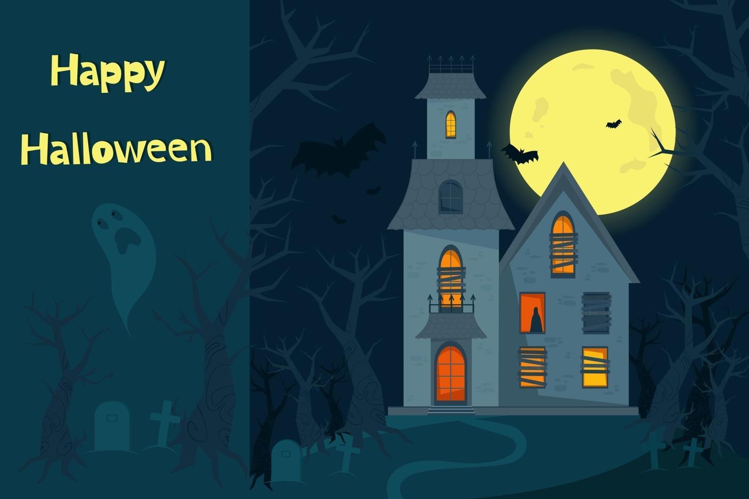 , eng spookhuis, halloween horrorhuis. vector illustratie