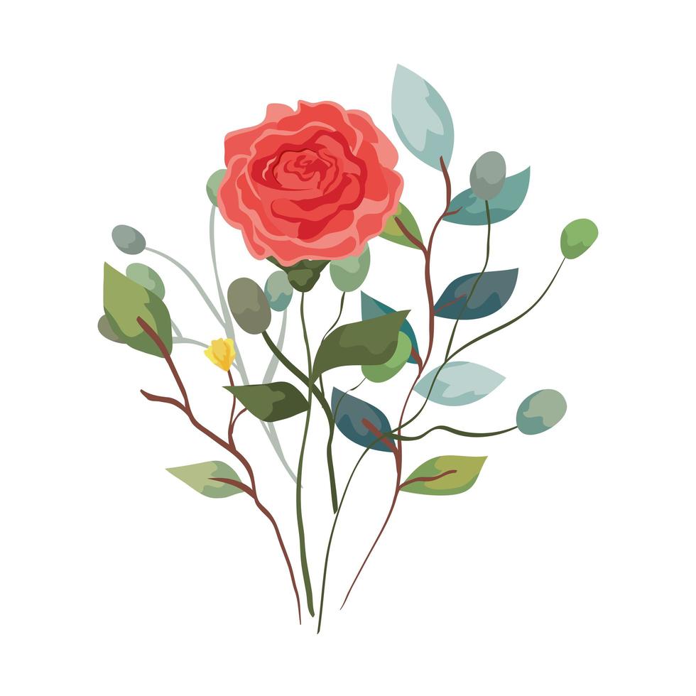 schattige roos met takken en bladeren naturel vector