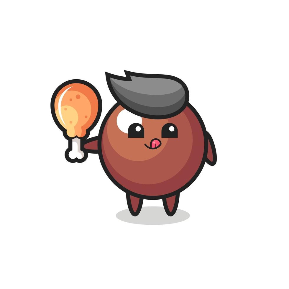 chocolade bal schattige mascotte eet een gebakken kip vector