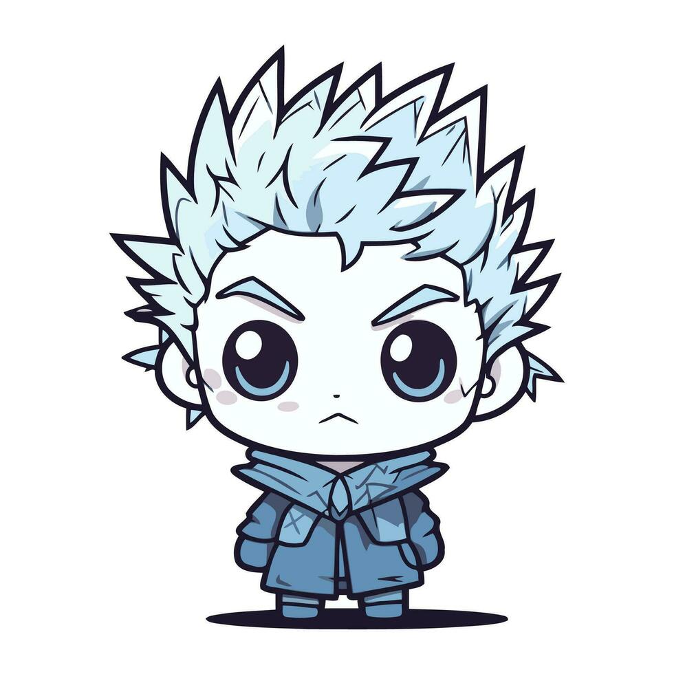 schattig anime jongen met blauw haar- en blauw jas. vector illustratie.