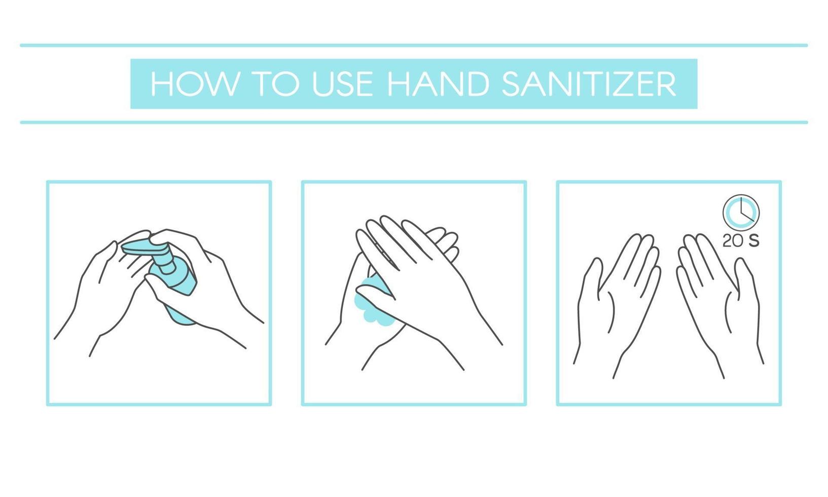 stappen voor het gebruik van hand sanitizer.vector elementen op een witte achtergrond. vector