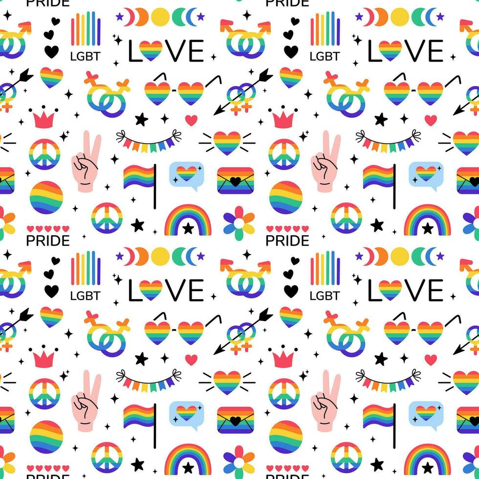 lgbt stickers naadloos patroon in tekening stijl. lgbtq set. lgbt trots gemeenschap symbolen. regenboog gekleurde elementen. vector illustratie.