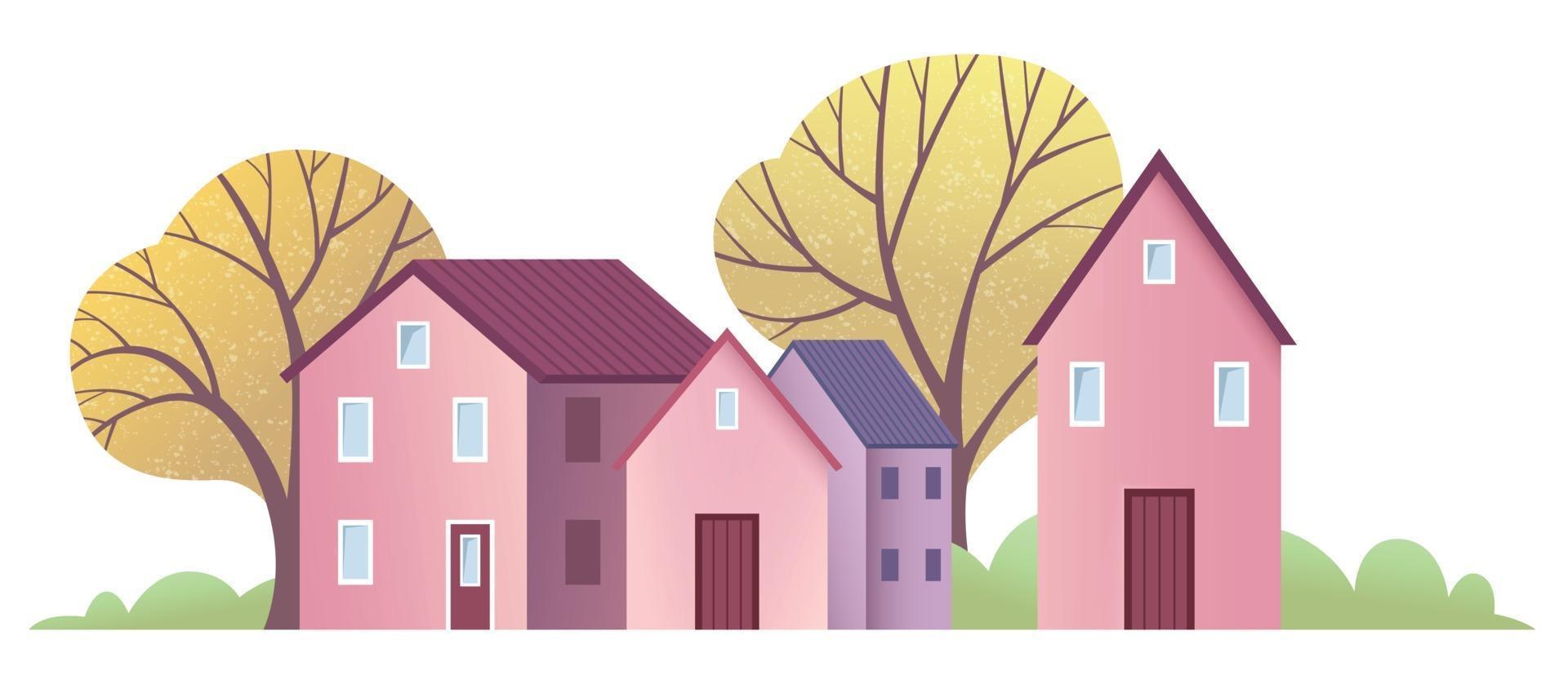 klein stadje met schattige roze en paarse huizen met herfstbomen vector