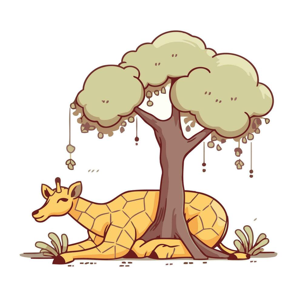 illustratie van een schattig giraffe slapen onder een boom. vector illustratie.