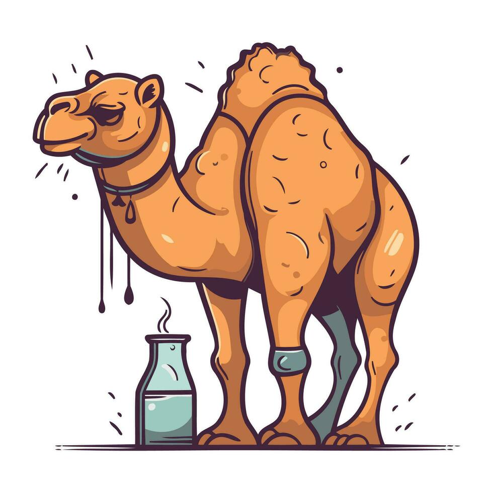 kameel met een fles van melk. vector illustratie in tekenfilm stijl.