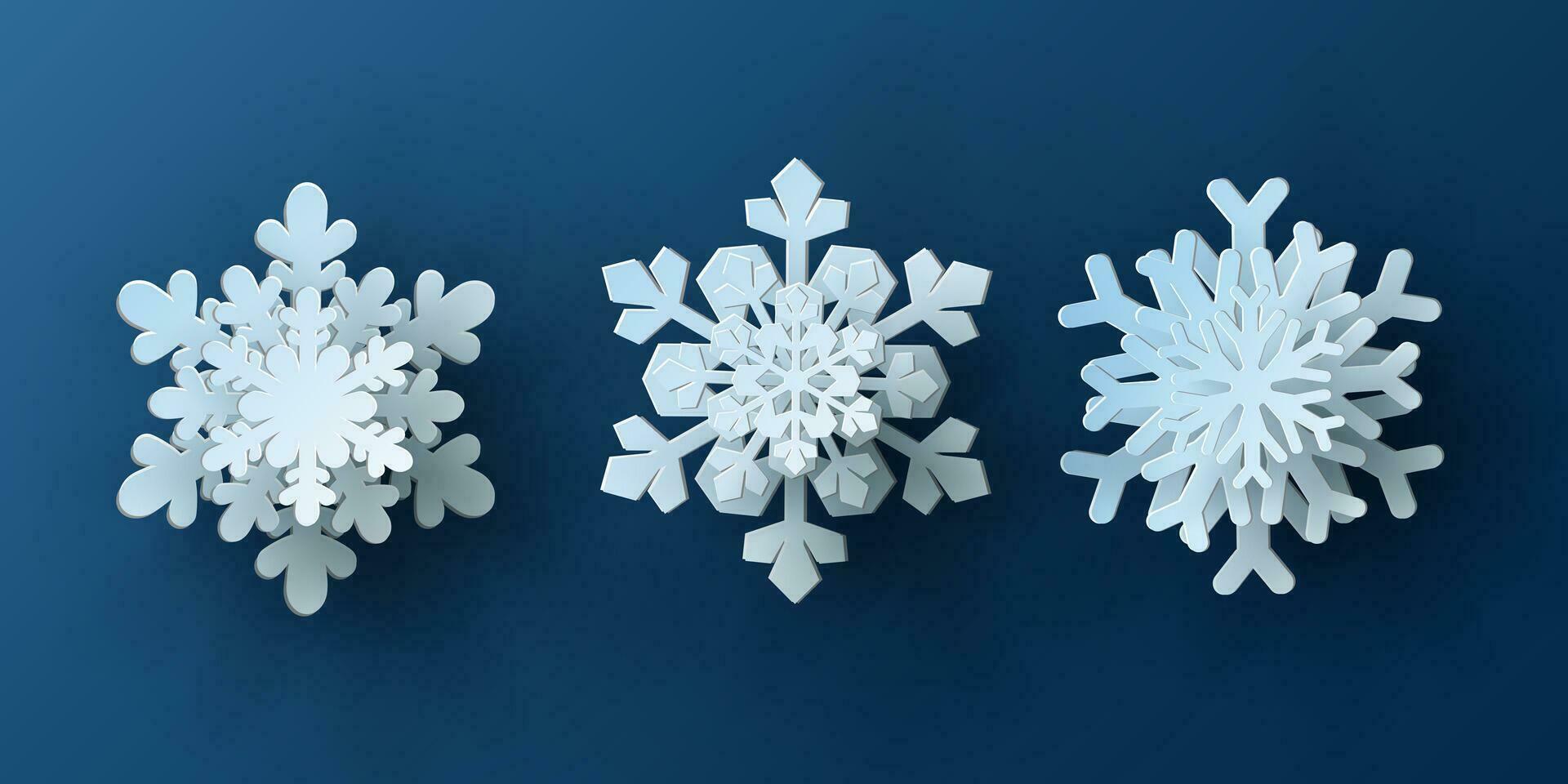 vector reeks wit Kerstmis papier besnoeiing 3d sneeuwvlok met schaduw Aan blauw gekleurde achtergrond. winter ontwerp elementen voor presentatie, banier, omslag, web, folder, kaart, uitverkoop, poster, glijbaan en sociaal media