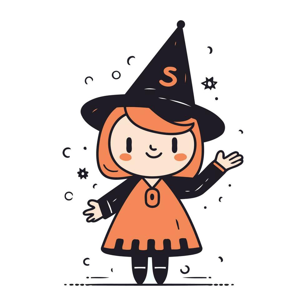 schattig weinig meisje in heks kostuum. gelukkig halloween. vector illustratie