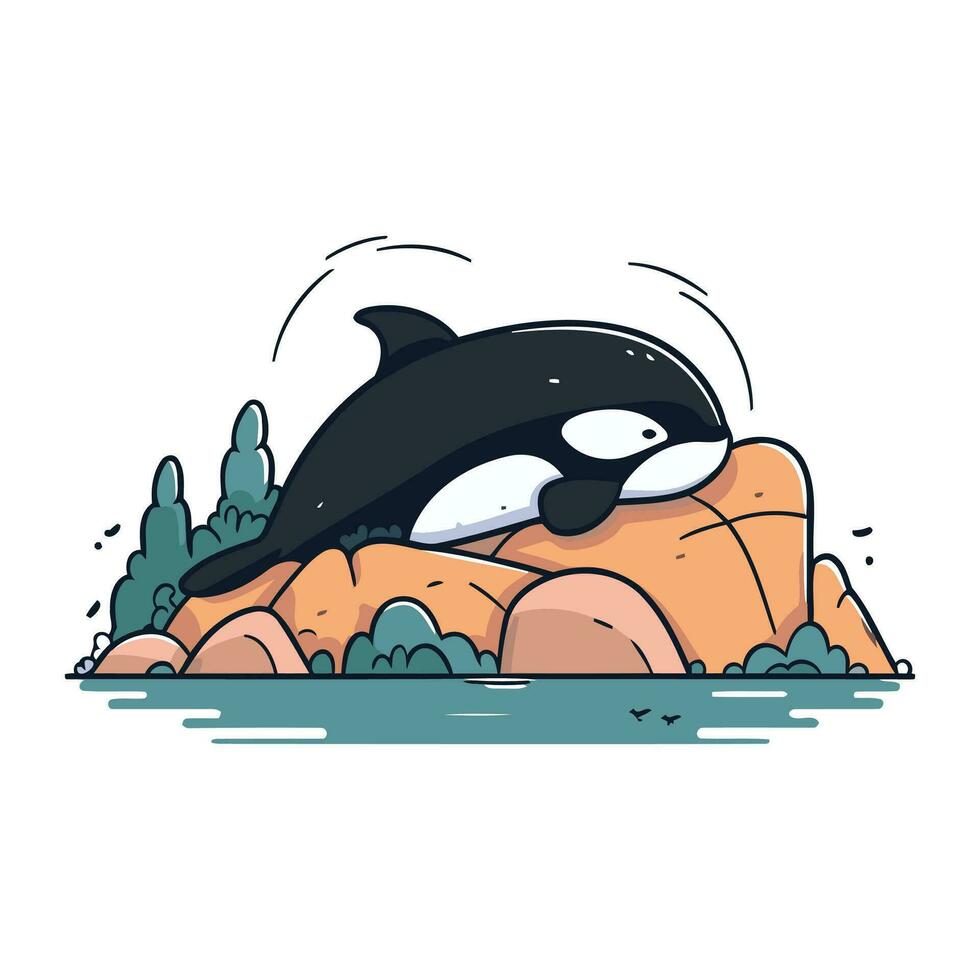 tekenfilm moordenaar walvis Aan de steen. vector illustratie geïsoleerd Aan wit achtergrond.