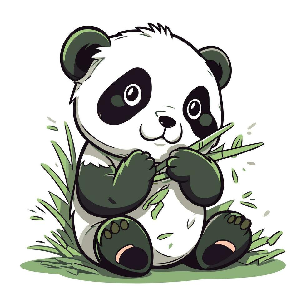 schattig panda zittend Aan gras en Holding bamboe. vector illustratie.