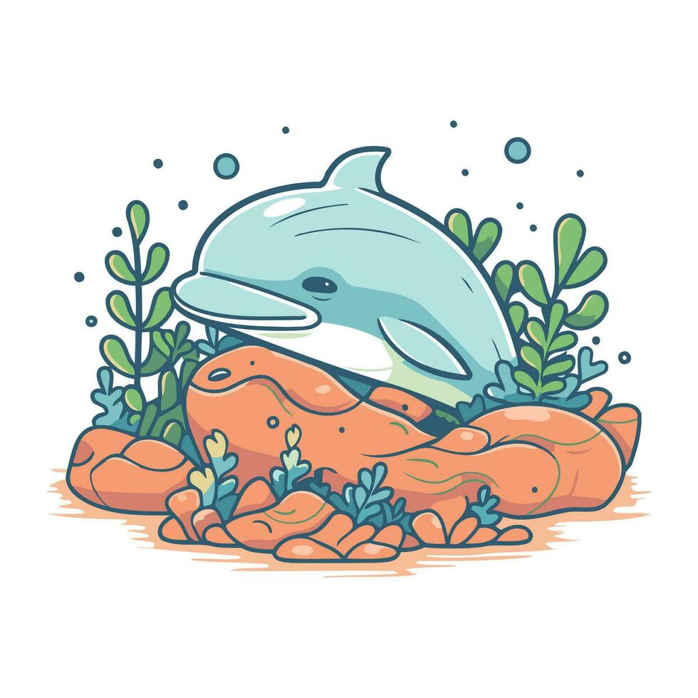 dolfijn Aan de steen. vector illustratie van een tekenfilm dolfijn.